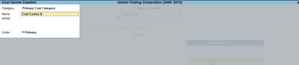 Cost centre Dashboard To enable the single cost centre through Tally